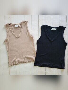 Cyrus Tank Top Lot Women's Large Black Tan V Neck Sleeveless Ribbed Knit Shirt